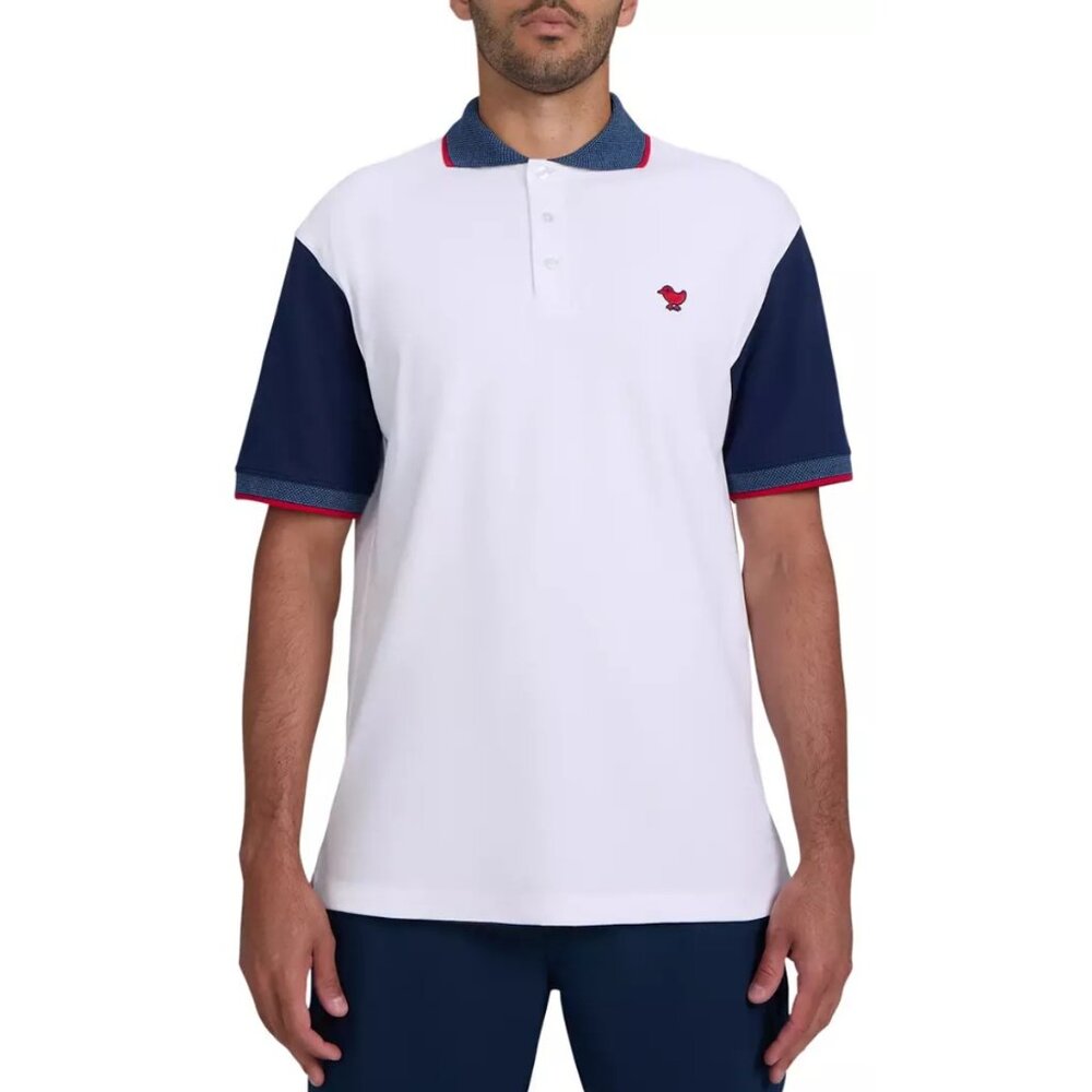 NWT Mens Bad Birdie Size L Red White Navy Short Sleeve USA Pique Golf Polo Shirt